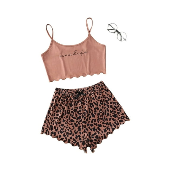 Evdexr Halloween Pajamas Women 2 Piece Set Lettuce Trim Halloween Graphic Sleepwear Strappy Vest and Shorts Pjs Outfits Pink M