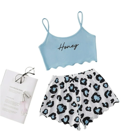 Evdexr Halloween Pajamas Women 2 Piece Set Lettuce Trim Halloween Graphic Sleepwear Strappy Vest and Shorts Pjs Outfits Sky Blue S