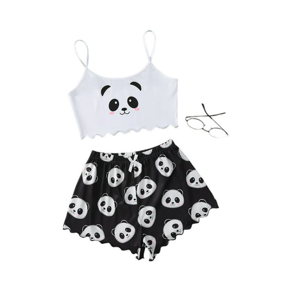 Evdexr Halloween Pajamas Women 2 Piece Set Lettuce Trim Halloween Graphic Sleepwear Strappy Vest and Shorts Pjs Outfits White M