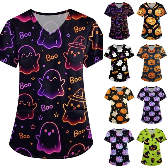 Evdexr Halloween Scrubs for Women Short Sleeve V Neck Scrub Tops 2026 Spider Candy Graphic Tees Lightweight Plus Size Holiday Medical Uniform with Pockets XL