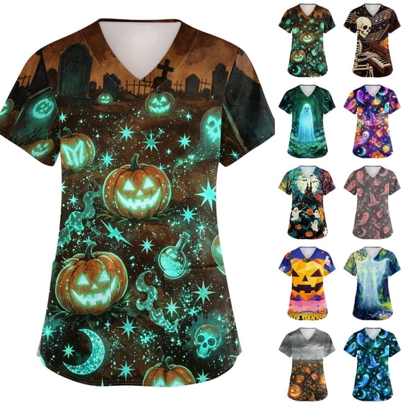 Evdexr Halloween Scrubs for Women V Neck Short Sleeve Scrub Tops 2026 Spider Ghost Graphic Tees Breathable Plus Size Work Workwear with Pockets 3XL