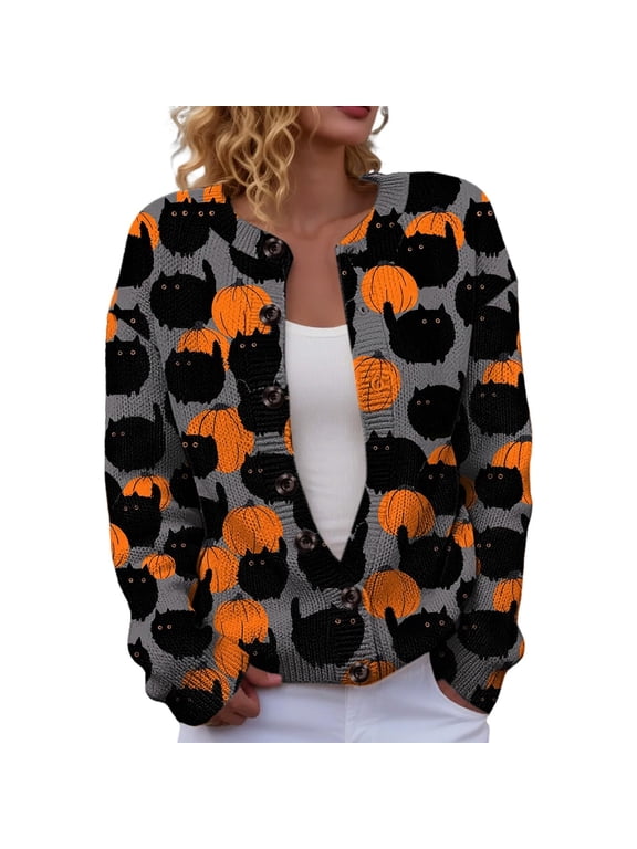 Halloween Sweaters for Women Pumpkin Witch Graphic Jackets Funny Knit Button Down Long Sleeve Cardigans Oversized Plus Size Cardigan Sweaters XL