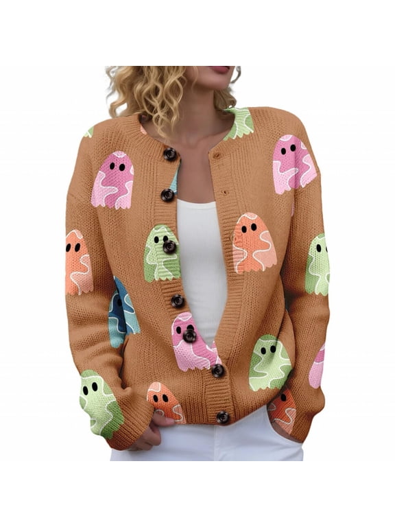 Halloween Sweaters for Women Skeleton Ghost Graphic Cardigan Sweaters Funny Button Down Knit Long Sleeve Cardigans Lightweight Plus Size Jackets M