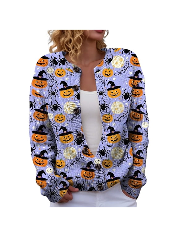 Halloween Sweaters for Women Witch Pumpkin Graphic Jackets 2026 Knit Long Sleeve Button Down Cardigans Open Front Lightweight Cardigan Sweaters L