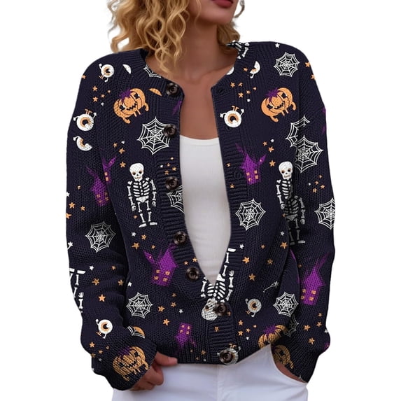 Evdexr Halloween Sweaters for Women Ghost Pumpkin Graphic Cardigan Sweaters Funny Button Down Long Sleeve Knit Cardigans Plus Size Loose Jackets 3XL