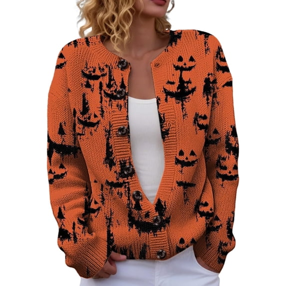 Evdexr Halloween Sweaters for Women Ghost Pumpkin Graphic Jackets 2026 Long Sleeve Knit Button Down Cardigans Plus Size Loose Cardigan Sweaters S