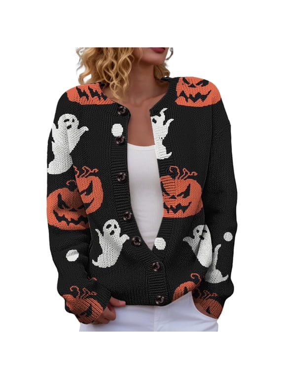 Halloween Sweaters for Women Pumpkin Ghost Graphic Cardigan Sweaters Funny Knit Button Down Long Sleeve Cardigans Loose Oversized Jackets L
