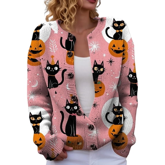 Evdexr Halloween Sweaters for Women Witch Ghost Graphic Cardigan Sweaters Funny Knit Long Sleeve Button Down Cardigans Open Front Plus Size Jackets L