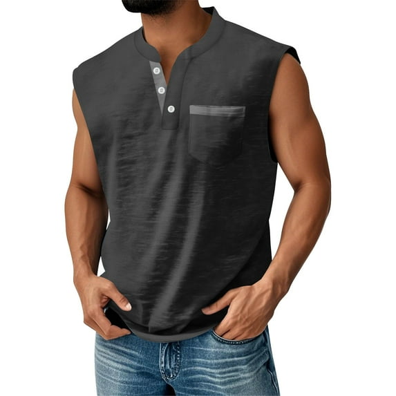 Evdexr Henley Mokaloha Tank Tops for Men Sleeveless V Neck Solid Shirt Chest Pocket Button Up Gym T Shirts Slim Fit Bodybuilding 2025 Tees Clothes Black L