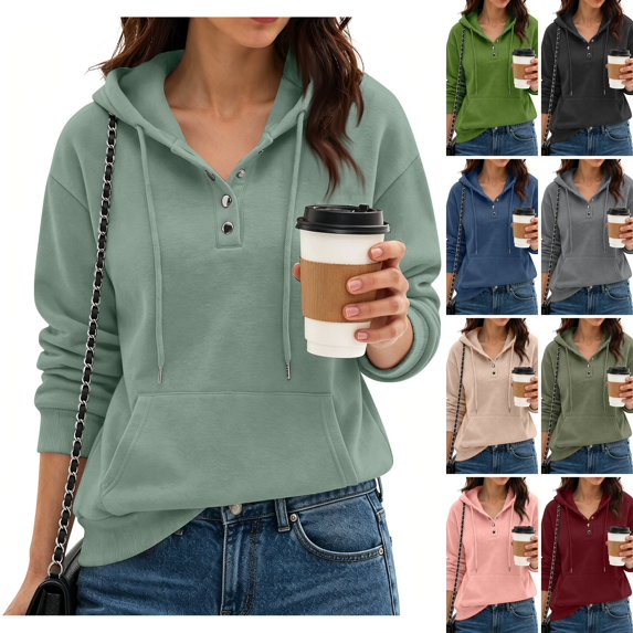 Evdexr Hoodies for Women Casual Button Collar Long Sleeve Hooded Sweatshirt Pullover 2026 Fall Winter Oversized Tops With Pocket Mint Green 2XL