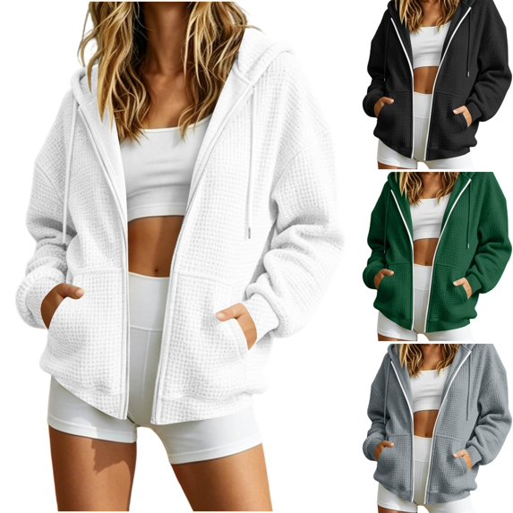 Evdexr Hoodies for Women Long Sleeve Zip Up Oversized Sweatshirt 2026 Casual Hooded Winter Fall Layering Jacket with Pockets White XL