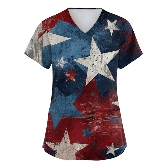 Evdexr Independence Day Scrubs for Women Patriotic V Neck Scrub Tops 1776 2026 Short Sleeve Stars and Stripes Nursing Uniforms Loose Fit Shirts with Pockets Dark Blue 5XL