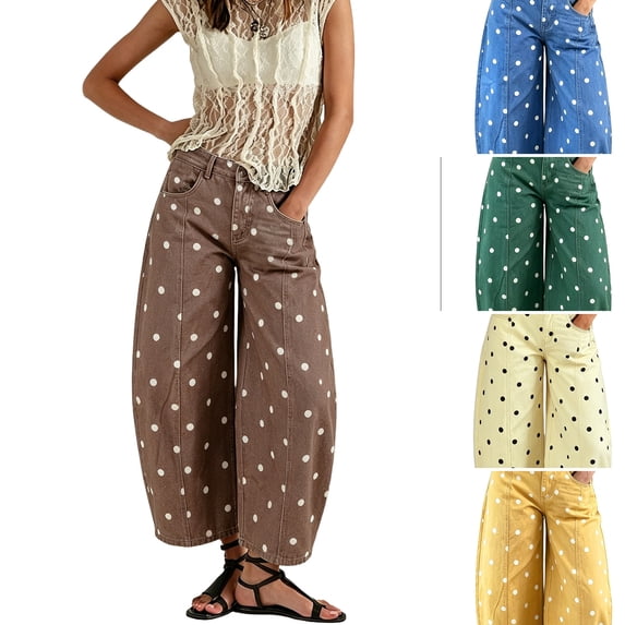 Evdexr Jeans for Women Polka Dot Barrel Cropped Mid Waist Bottoms Wide Leg Denim Baggy Comfy Slacks Comfortable Stylish Trousers with Pockets Brown M