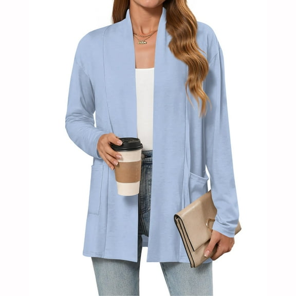 Evdexr Women's Open Front Cardigans Long Lightweight Kimono Cardigans Solid Color Long Sleeve Shrugs Fall Thin Loose Plus Size Cardigan Sweaters with Pockets Light Blue M