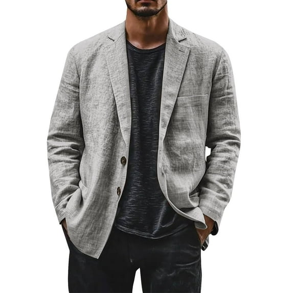 Evdexr Linen Blazer Men Button Down Big and Tall Suits Cotton Striped Wedding Dress Shirts Summer Long Sleeve Loose Fit Stretch Jackets Gray L