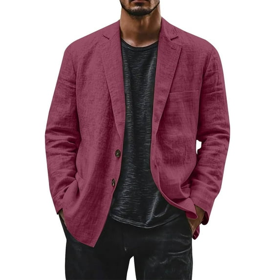 Evdexr Linen Blazer Mens Button Down Big and Tall Suits Cotton Striped Business Dress Shirts Fall Long Sleeve Wrinkle Free Loose Fit Jackets Hot Pink L