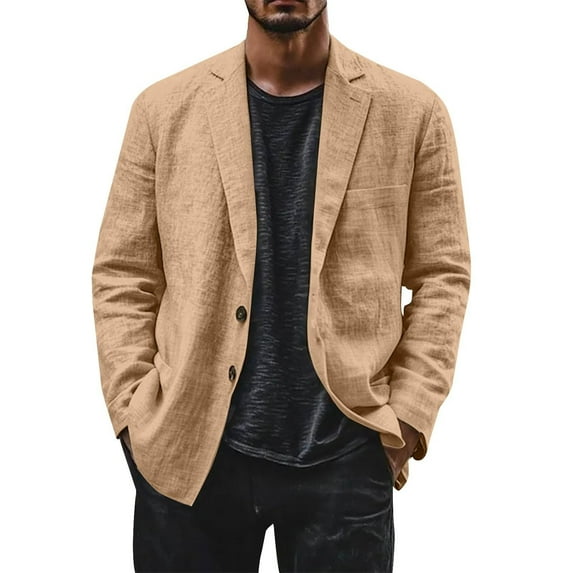 Evdexr Linen Blazer for Men Big and Tall Button Down Suits Cotton Striped Beach Dress Shirts Summer Long Sleeve Loose Fit Stretch Jackets Camel S