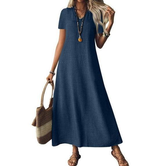 Evdexr Linen Dress Women Cotton Maxi Shirt Dress Solid Colour Flowy V Neck Short Sleeve A-Line Dresses Long Loose Oversized Summer Dress with Pockets Navy L