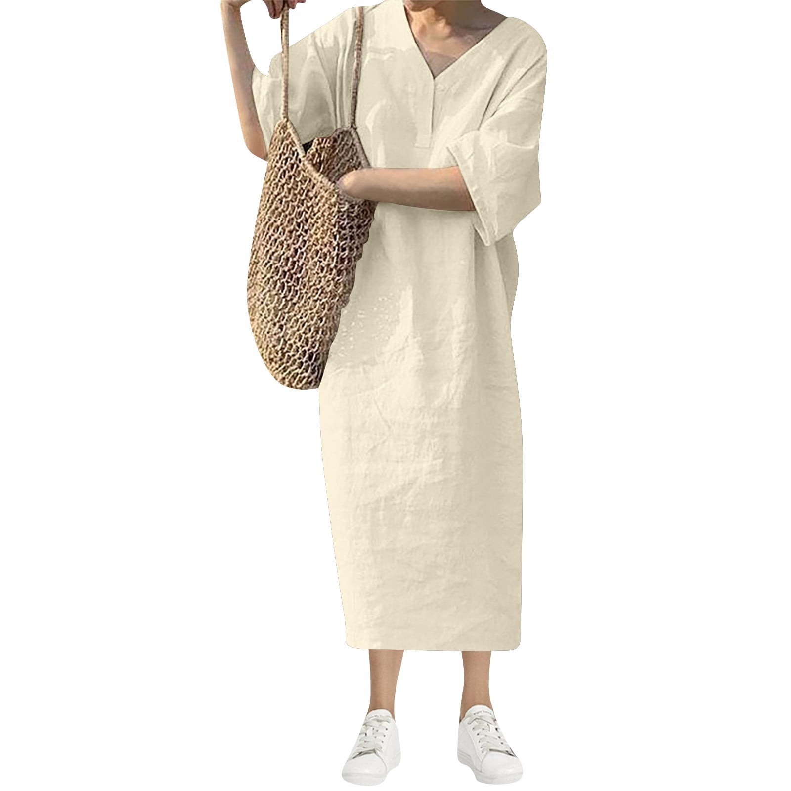 Women's Linen Maxi Dress - Casual Short Sleeve V-Neck Summer Dress With Side Slits & Pockets, Loose Fit