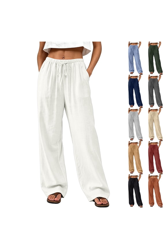 Linen Pants Woman Drawstring Loose Fit Pant 2026 Oversized Vacation Trousers Lightweight Wide Leg Casual Slacks with Pockets Blue S