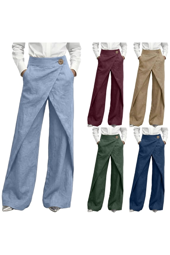 Linen Pants Womens Gauze Dressy Palazzo Pants Summer 2026 High Waist Vacation Pant Splited Wrap Casual Trousers with Pockets Navy S