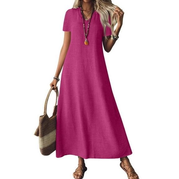 Evdexr Linen Shirt Dress Womens Maxi Cotton Dresses Short Sleeve Flowy V Neck Solid Colour A-Line Shirt Dress Tunic Flowy Plus Size Casual Dress with Pockets Hot Pink 2XL
