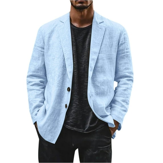 Evdexr Linen Suit Jacket Men Button Down Big and Tall Dress Shirts Long Sleeve Striped Business Jackets Summer Cotton Oversized Stretch Suits Light Blue XL