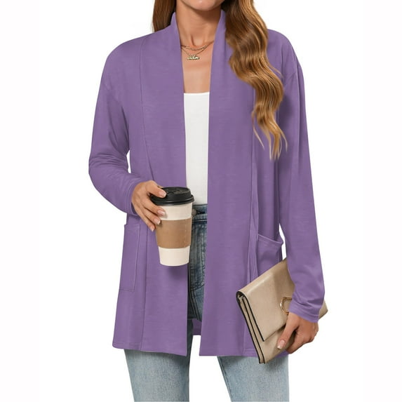 Evdexr Long Cardigan for Womens Open Front Lightweight Shrugs Solid Color Long Sleeve Cardigan Sweaters Summer Thin Flowy Knit Cover Ups with Pockets Purple 2XL