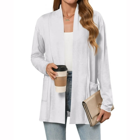 Evdexr Long Cardigans Juniors Open Front Lightweight Cover Ups Long Sleeve Solid Color Cardigan Sweaters Fall Thin Flowy Loose Shrugs with Pockets White S