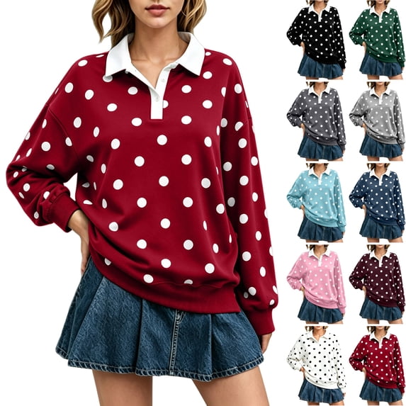 Evdexr Long Sleeve Shirts for Women Polka Dot Tops Oversized Collar Y40k Polo Shirts Casual Loose Streetwear Rugby Tshirts Red S