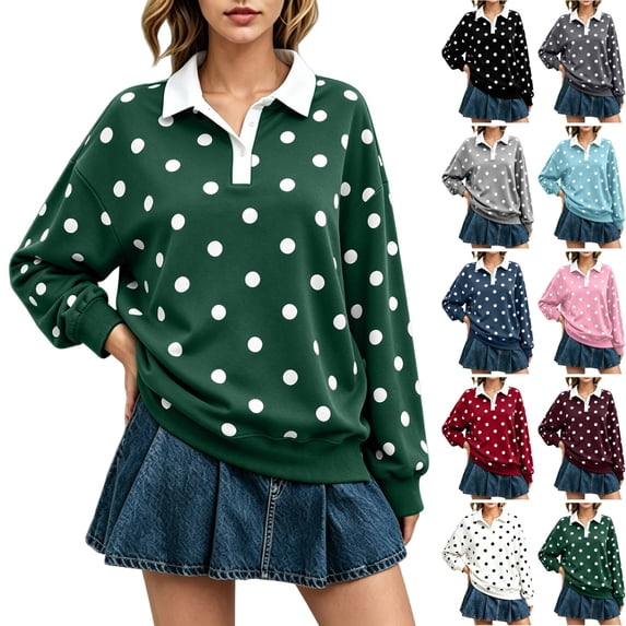Evdexr Long Sleeve Shirts for Women Polka Dot Tops Oversized Collar Y8k Polo Shirts Casual Loose Streetwear Rugby Tshirts Dark Green 2XL