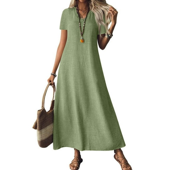 Evdexr Maxi Dress Women Cotton Linen Dress Flowy Solid Colour Short Sleeve V Neck A-Line Dresses Tunic Plus Size Loose 2025 Shirt Dress with Pockets Green L