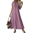 thumbnail image 1 of Evdexr Maxi Dress Women Linen Cotton Dresses V Neck Solid Colour Flowy Short Sleeve A-Line Shirt Dress Oversized Plus Size Baggy Casual Dress with Pockets Purple 2XL, 1 of 7
