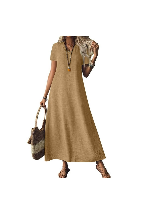 Cotton T-Shirt Dresses for Womens Linen Maxi Shirt Dress Solid Colour Short Sleeve V Neck Flowy A-Line Dresses Loose Tunic Oversized Casual Dress with Pockets Light Brown M