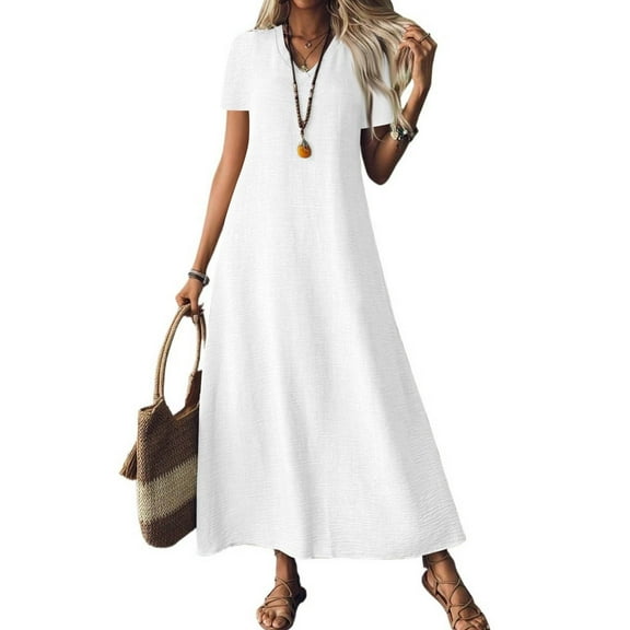 Evdexr Maxi T-Shirt Dress for Womens Linen Cotton Shirt Dress Flowy Short Sleeve V Neck Solid Colour Boho Dress Baggy Long Flowy 2025 Dresses with Pockets White 2XL
