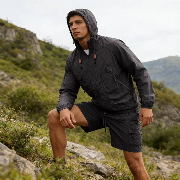 Evdexr Men's 2 Piece Sets Full Zip Hooded Windbreakers & Cargo Shorts Hiking Outfits Summer 2026 Casual Lightweight Windproof Big and Tall Sets with Pockets Black XL