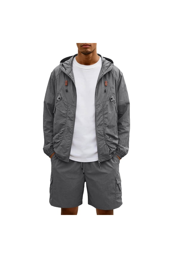 Men's 2 Piece Sets Hooded Full Zip Windbreakers & Cargo Shorts Golf Sets 2026 Summer Casual Lightweight Windproof Drawstring Outfits with Pockets Gray 2XL