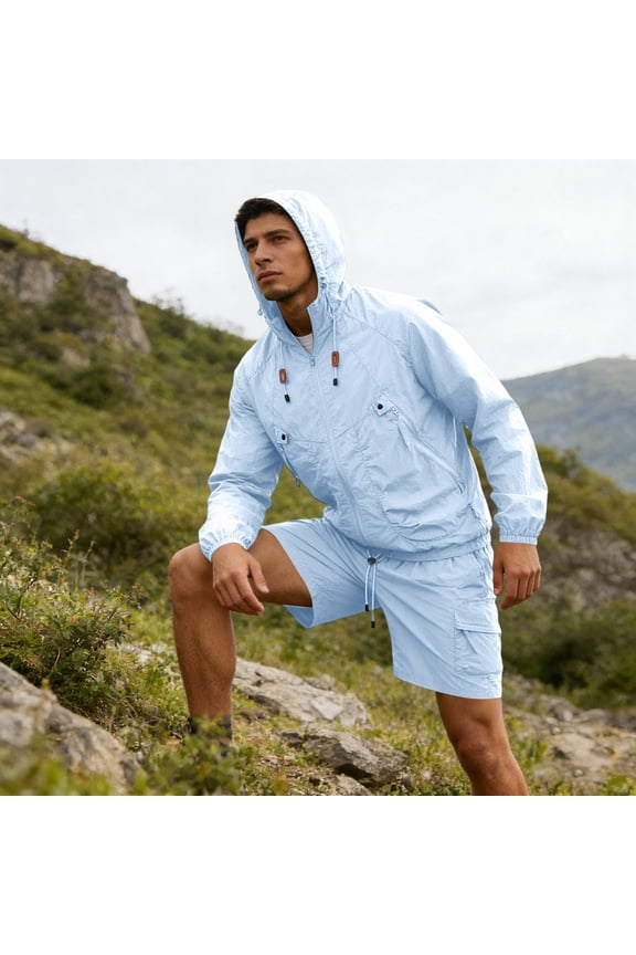 Men's 2 Piece Sets Hooded Full Zip Windbreakers & Cargo Shorts Hiking Sets Summer 2026 Casual Lightweight Windproof Drawstring Outfits with Pockets Light Blue XL