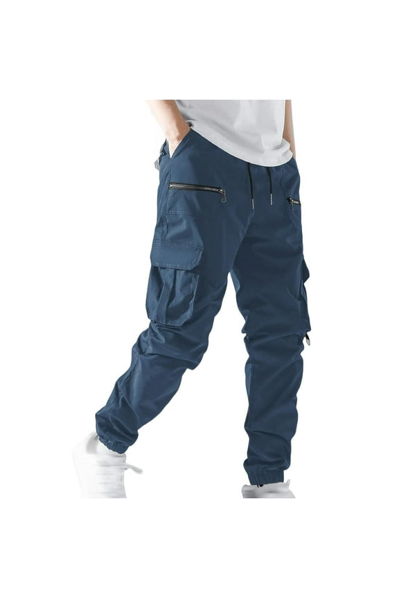 Men's Baggy Joggers Tactical Cargo Sweatpants Drawstring Tapered Work Pant Fall Zipper Pockets Loose Fit Multi Pockets Stretch Trousers Dark Blue XL