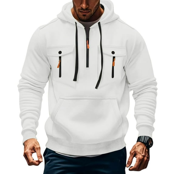 Evdexr Men's Big and Tall Hoodies Tactical Quarter Zip Pullover Winter Long Sleeve Drawstring Athletic Hoodie Fall Multiple Pockets Loose Fit Cargo Sweatshirt White 5XL