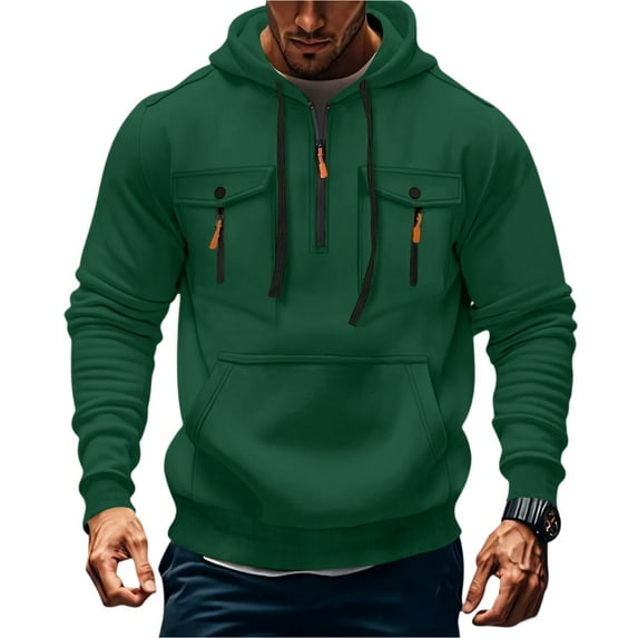 Evdexr Men's Big and Tall Pullover Quarter Zip Tactical Hoodies Winter Drawstring Long Sleeve Gym Hoody Fall Multiple Pockets Cargo Zip Up Sweatshirt Dark Green L