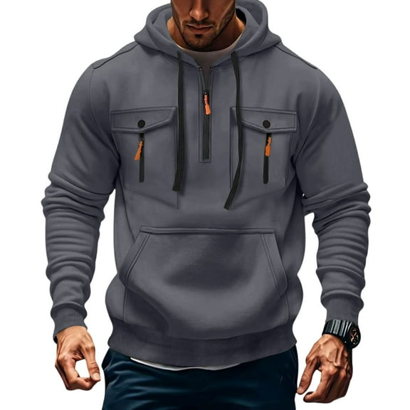 Evdexr Men's Big and Tall Pullover Quarter Zip Tactical Hoodies Winter Drawstring Long Sleeve Workout Hoodie Fall Multiple Pockets Cargo Zip Up Sweatshirt Dark Gray 4XL