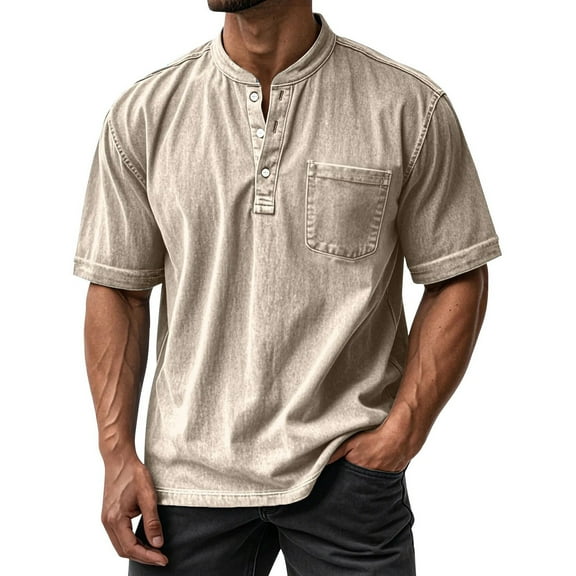 Evdexr Men's Big and Tall T Shirts Henley Mokaloha Shirt Washed Short Sleeve Vacation Tops Button Down Oversize Band Collar Vintage Streetwear with Pocket Khaki 2XL