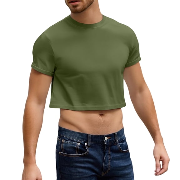 Evdexr Men's Boxy Cropped Cut T Shirts Short Sleeve Round Neck Tee Casual Basic Tops Army Green L