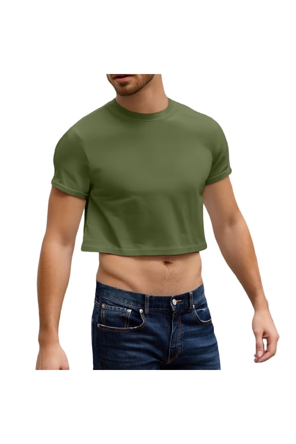 Men's Boxy Cropped Cut T Shirts Short Sleeve Round Neck Tee Casual Basic Tops Army Green L