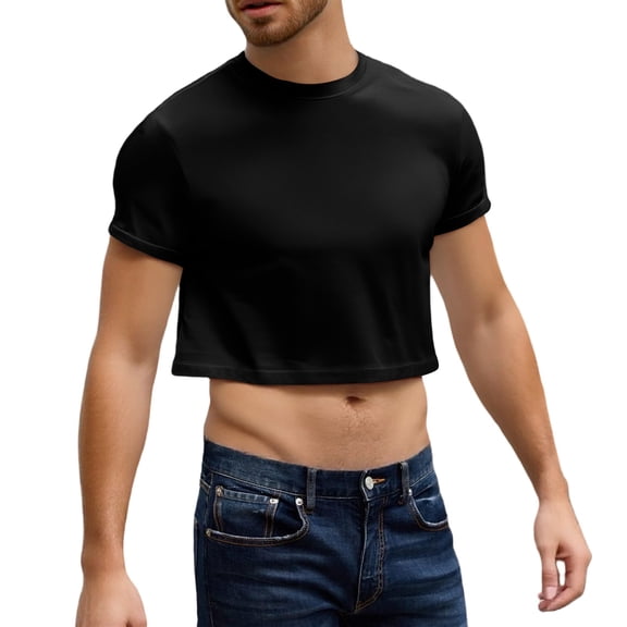 Evdexr Men's Boxy Cropped Cut T Shirts Short Sleeve Round Neck Tee Casual Basic Tops Black 2XL