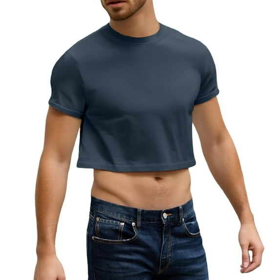 Evdexr Men's Boxy Cropped Cut T Shirts Short Sleeve Round Neck Tee Casual Basic Tops Navy L