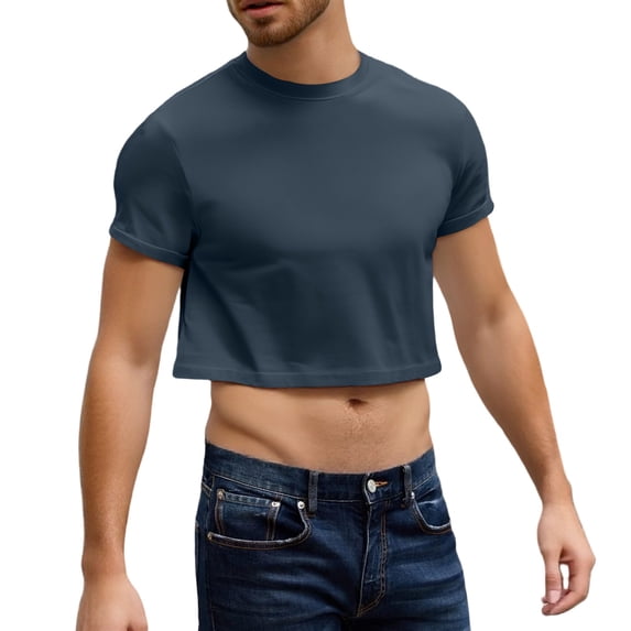Evdexr Men's Boxy Cropped Cut T Shirts Short Sleeve Round Neck Tee Casual Basic Tops Navy S