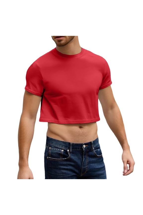 Men's Boxy Cropped Cut T Shirts Short Sleeve Round Neck Tee Casual Basic Tops Red S