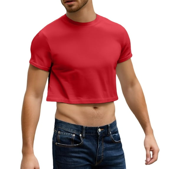 Evdexr Men's Boxy Cropped Cut T Shirts Short Sleeve Round Neck Tee Casual Basic Tops Red S